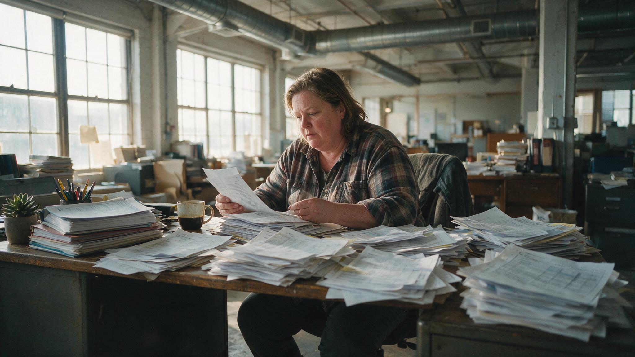 Hiring manager surrounded by printouts and coffee