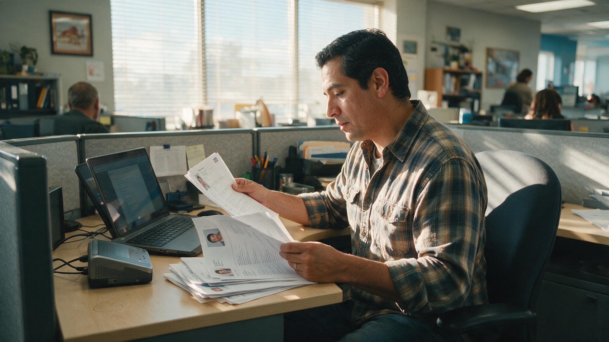 IT manager reviewing resumes at a cluttered desk