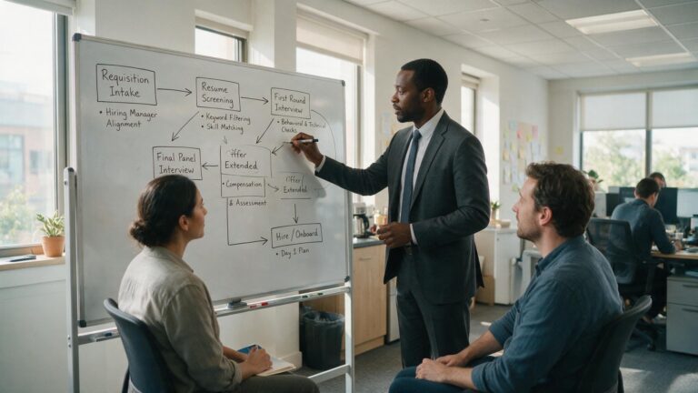 Recruiter sketching a hiring process diagram with a colleague