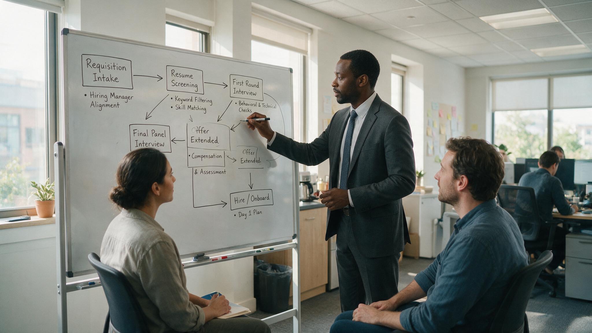 Recruiter sketching a hiring process diagram with a colleague