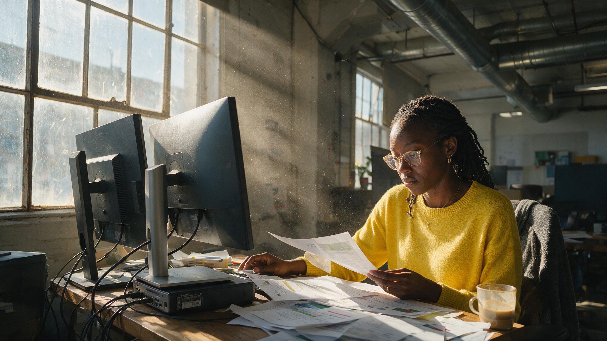 Hiring coordinator reviews resumes at desk
