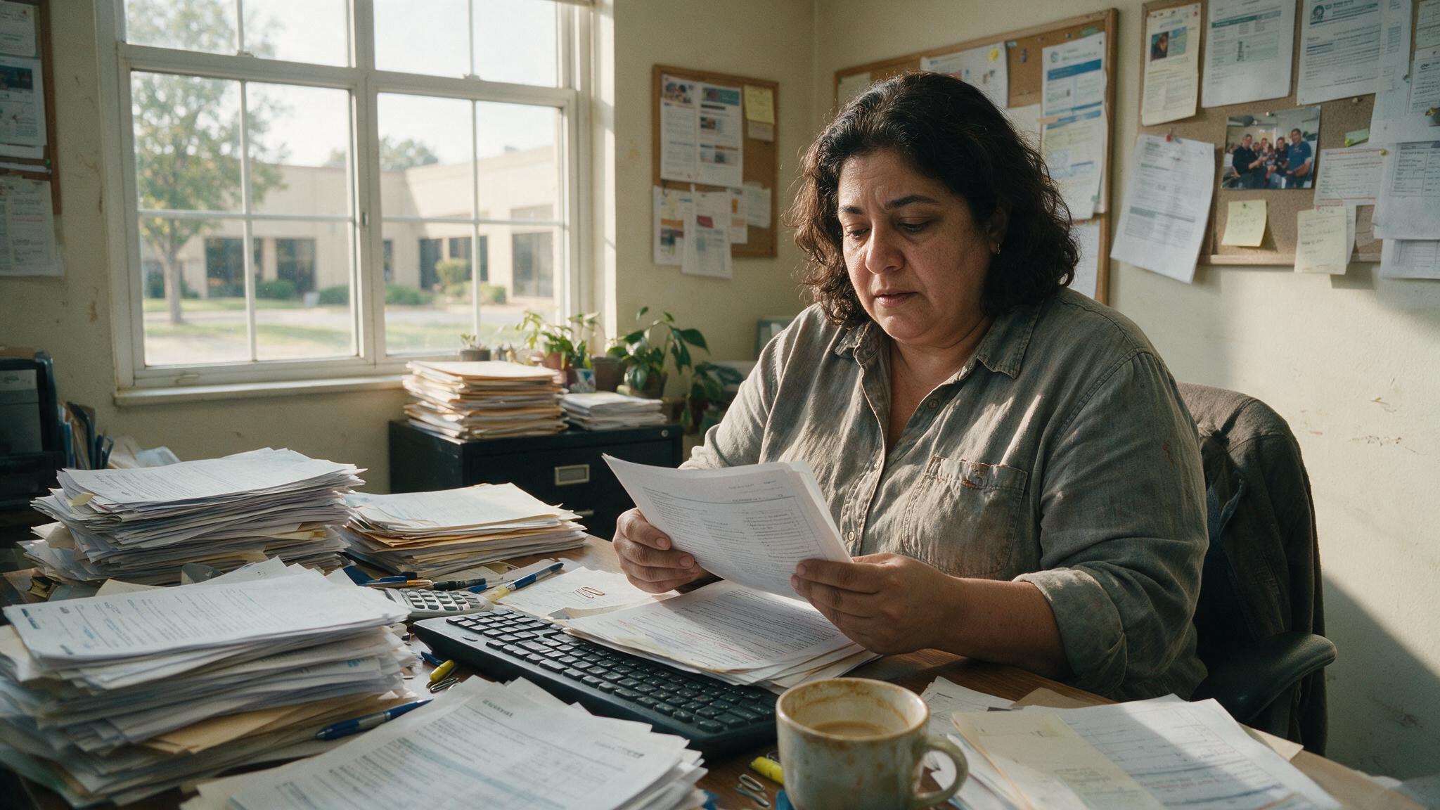 Hiring manager reviewing candidate printouts at desk