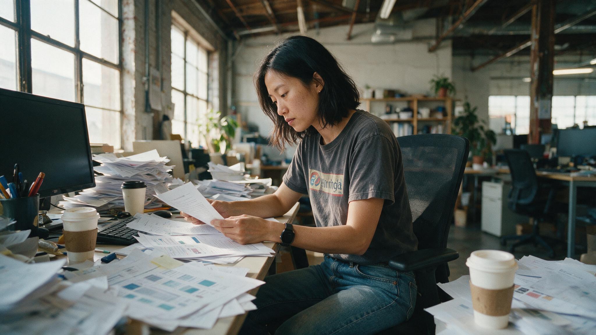 Hiring manager surrounded by printouts and empty coffee cups