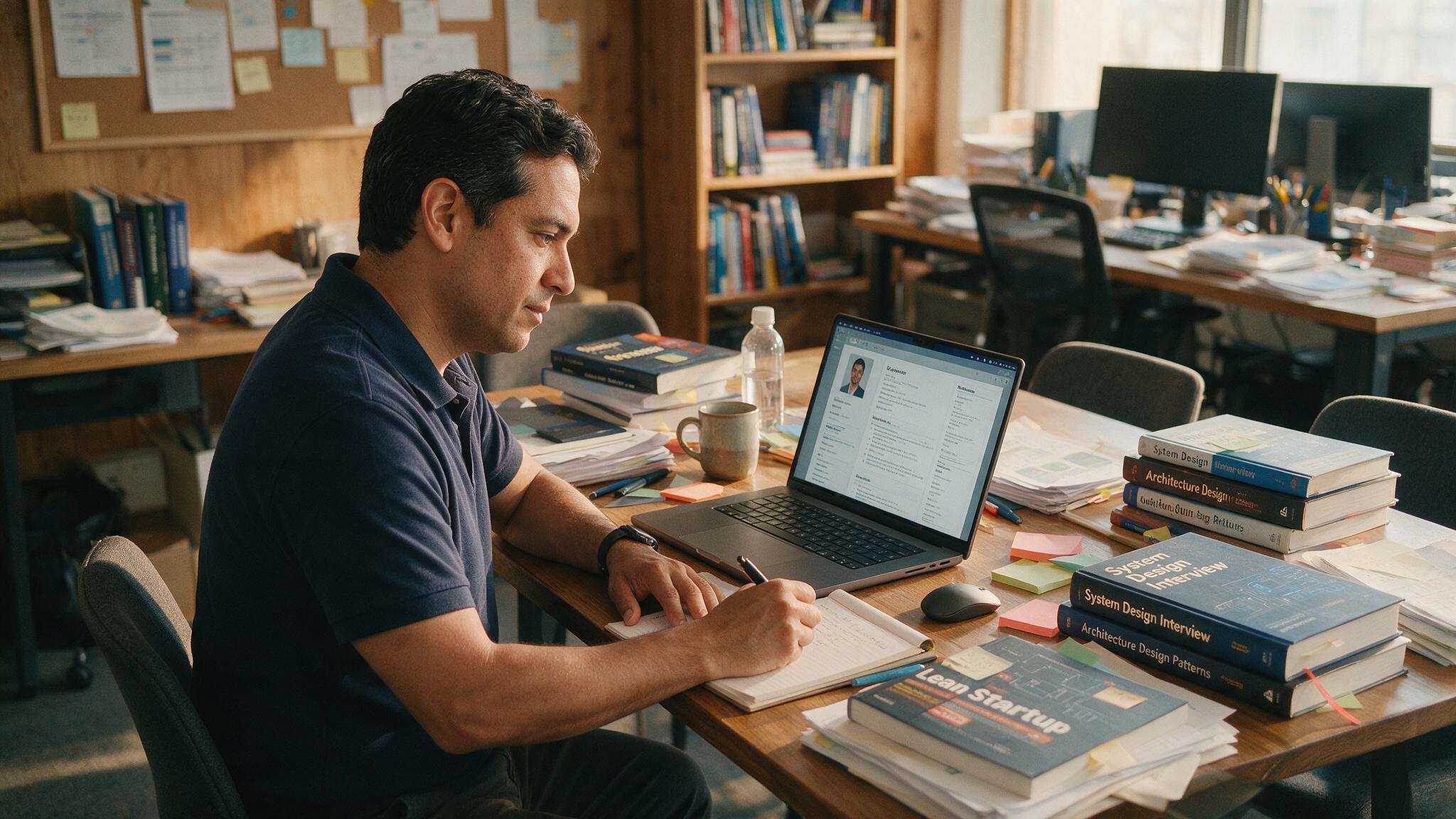 IT director reviewing resumes at a conference table