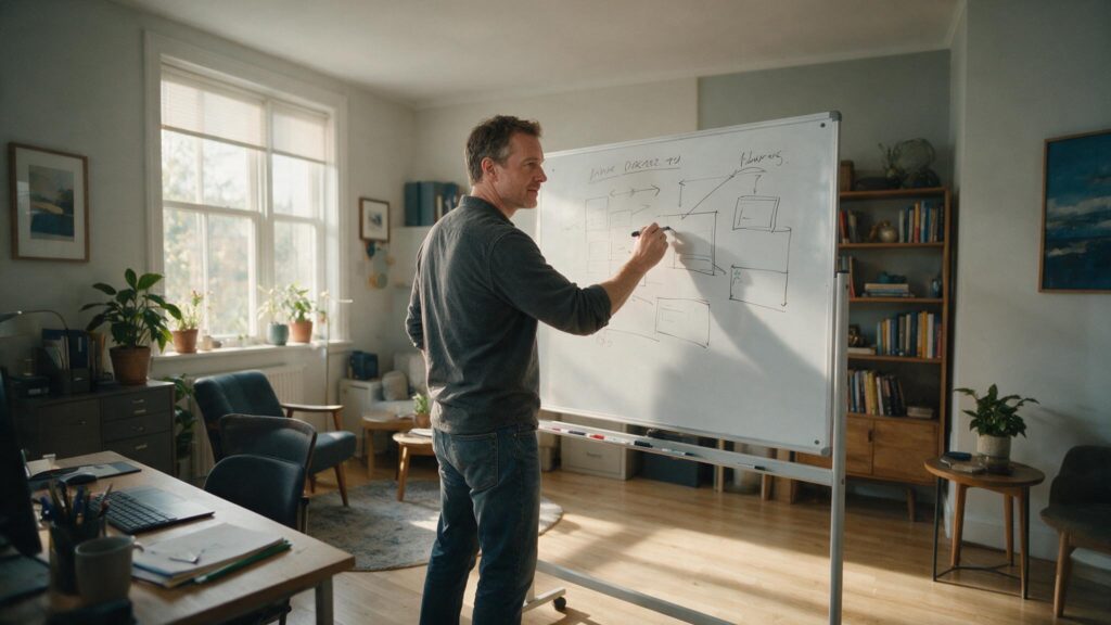 IT director sketches project plan on whiteboard