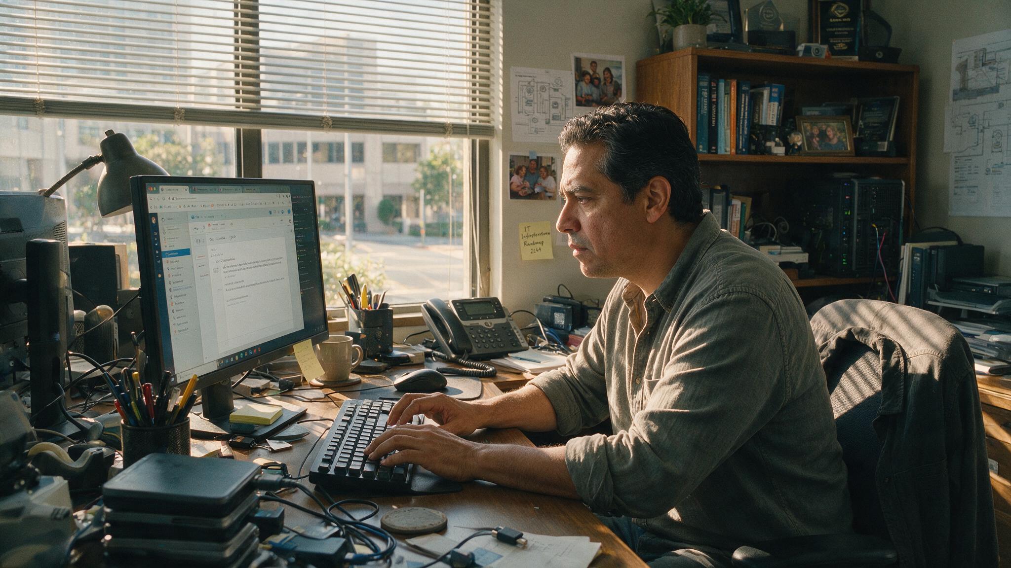 IT director typing on computer in cluttered office