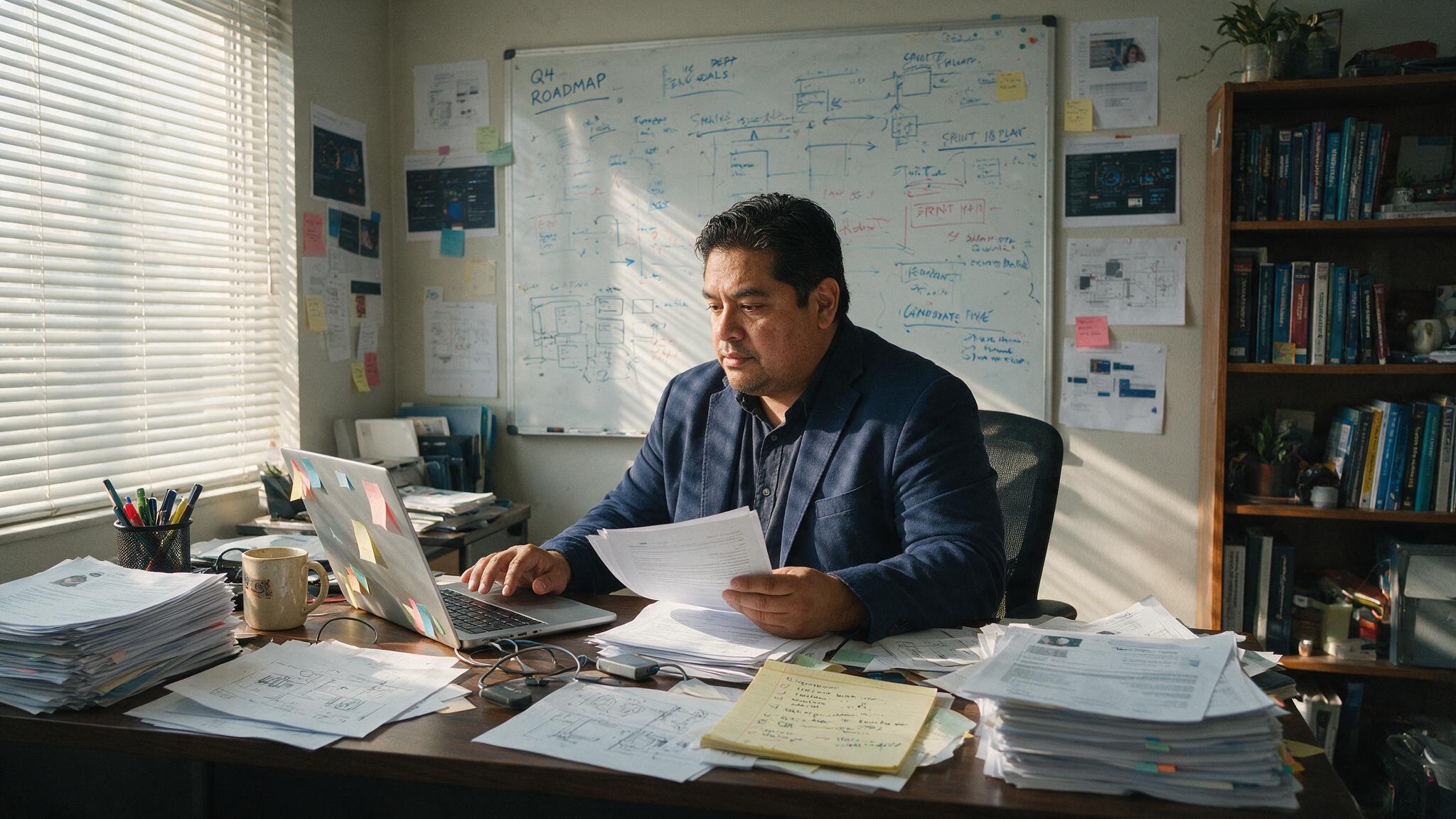 IT director works on staffing with laptop and papers