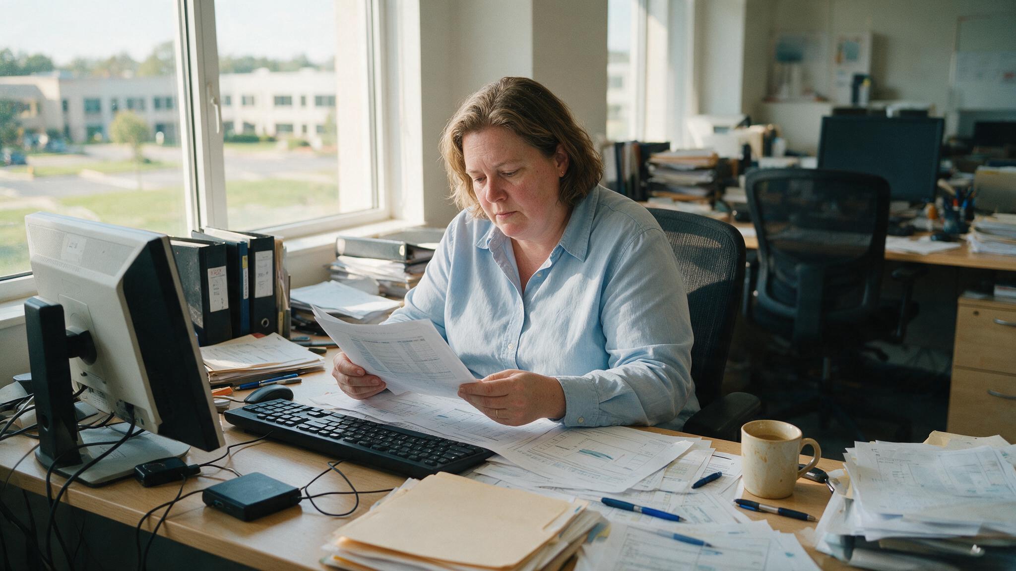 IT manager reviewing resumes at desk