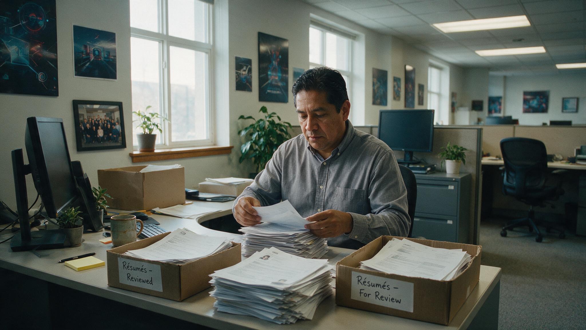 IT manager sorting through printed resumes