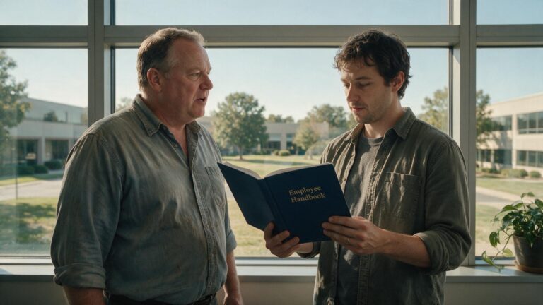 IT manager talking to new colleague by a window