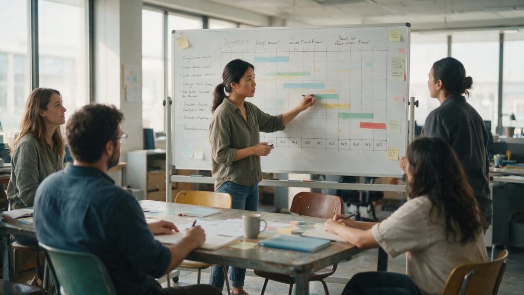 Project manager leads team in collaborative workspace