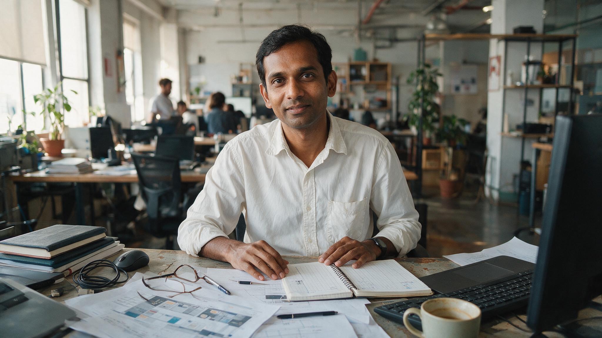 Project manager reviews staffing documents at desk