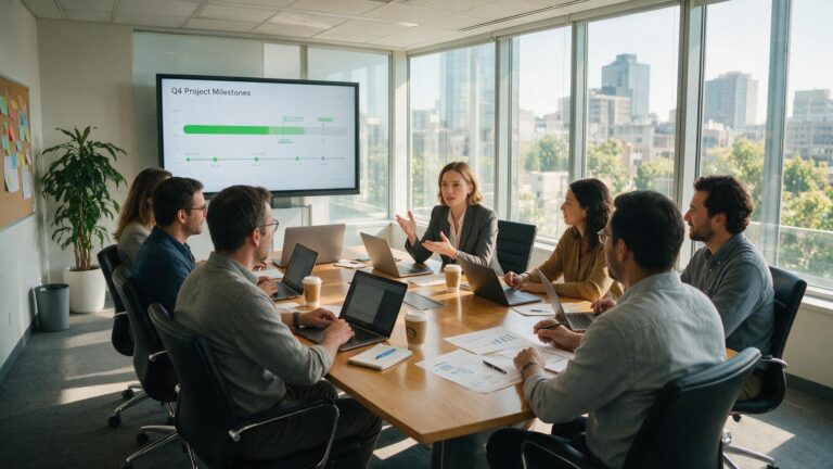 Project team discusses progress in conference room