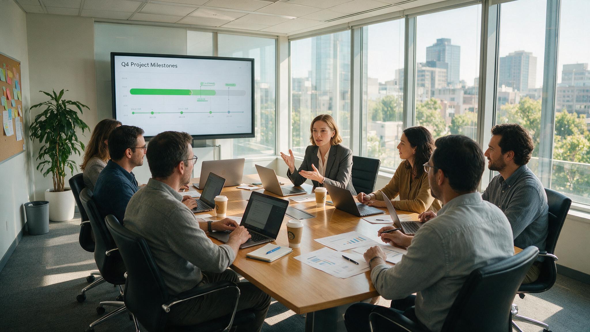 Project team discusses progress in conference room