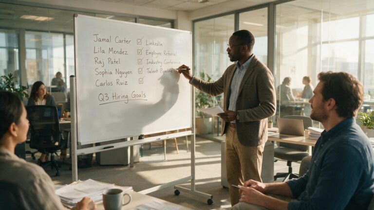 Recruiter discussing candidates with colleague at whiteboard
