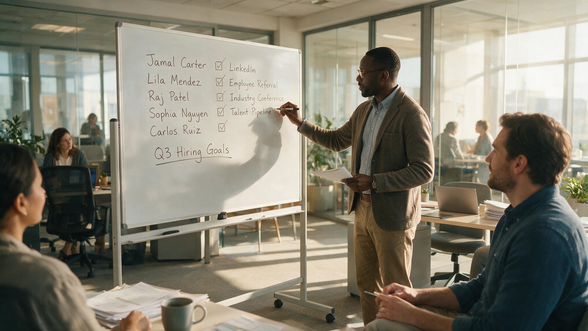 Recruiter discussing candidates with colleague at whiteboard