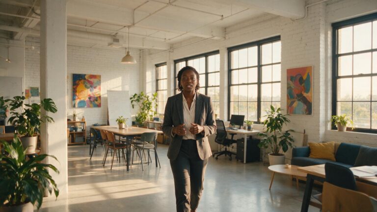 Recruiter on video call in modern office space