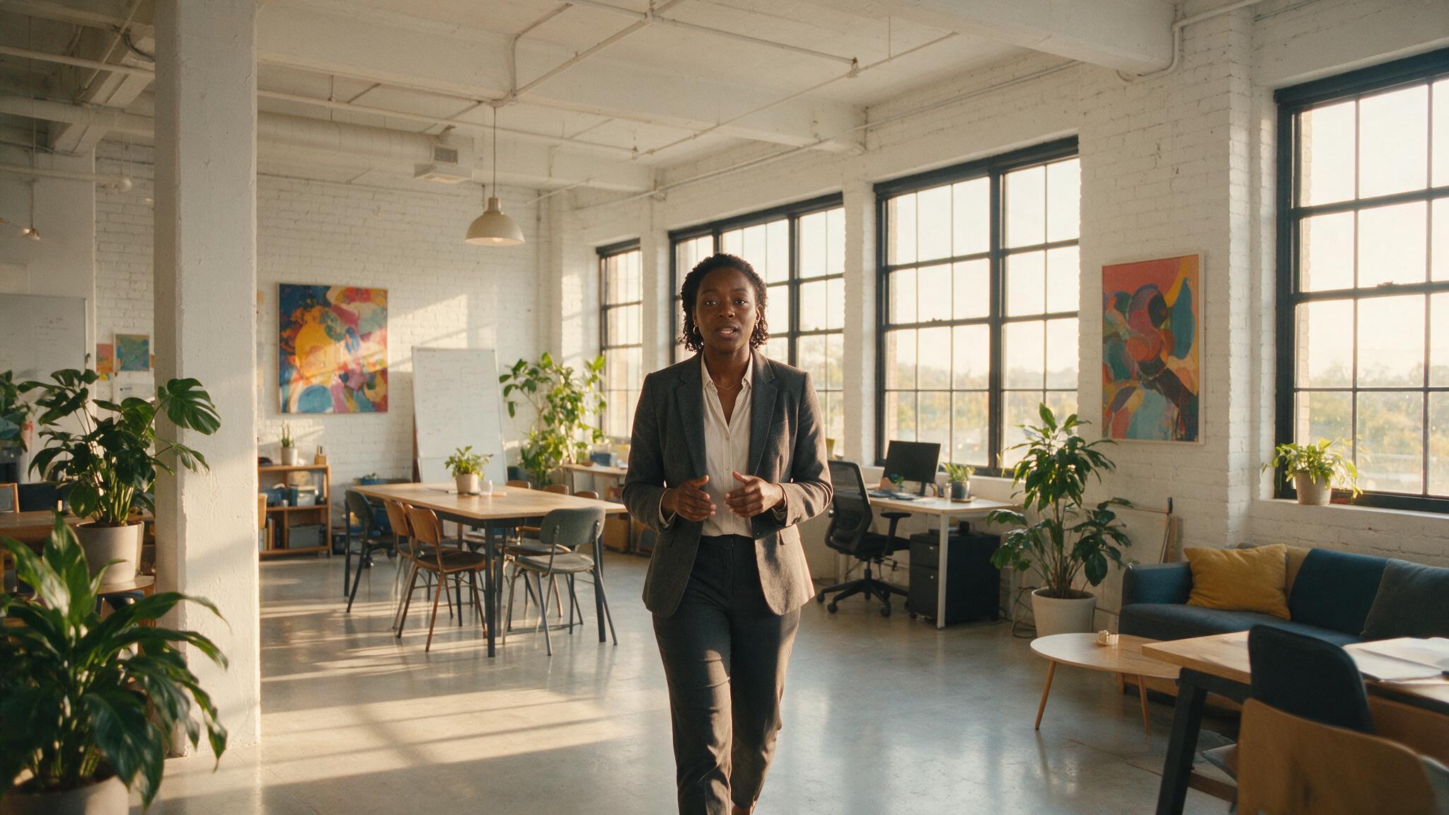 Recruiter on video call in modern office space